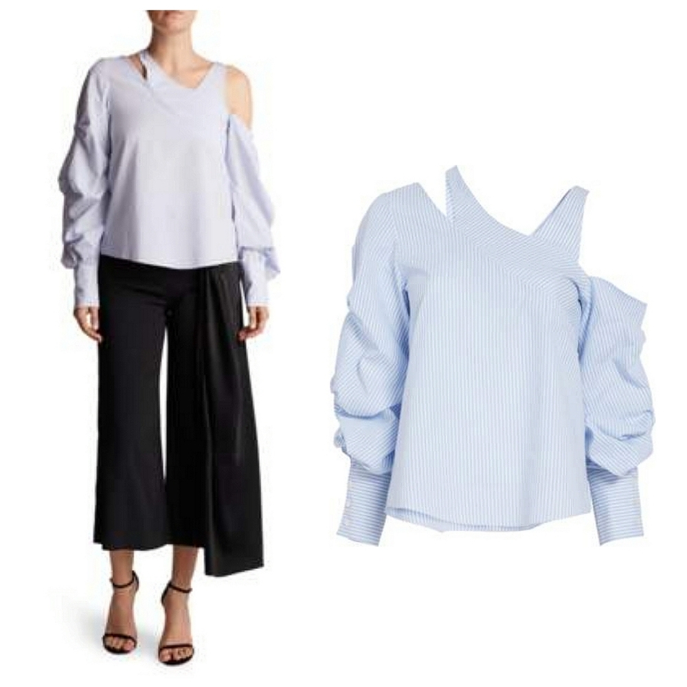 Jonathan Simkhai Pleated Asymmetrical Stripe Cold Shoulder Top Blue White Size 8